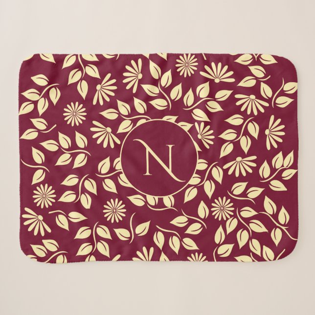 Couverture Sherpa Élégant Monogramme Feuille Motif Bourgogne (Devant (Horizontal))