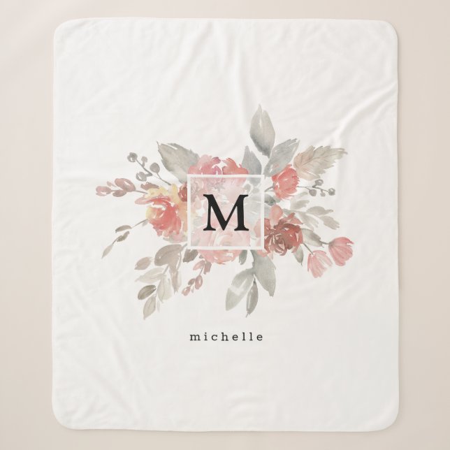 Couverture Sherpa Élégant Monogramme floral rose pâle (Devant)