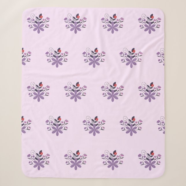 Couverture Sherpa Élégant motif floral violet violet gris rouge (Devant)