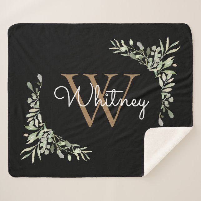 Couverture Sherpa Élégant Script Black Gold Monogramme Verdure (Devant (Horizontal))