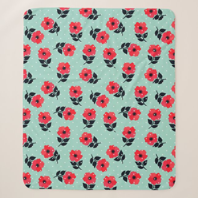 Couverture Sherpa Elégante Fleurs rouges Aqua Blue Motif Pois (Devant)