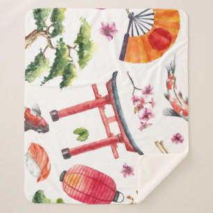 Couverture Sherpa Éléments japonais Aquarelle texture transparente