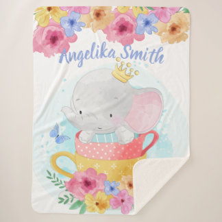 Couverture Sherpa Elephant dans un Teacup avec Fleurs et Nom Personn