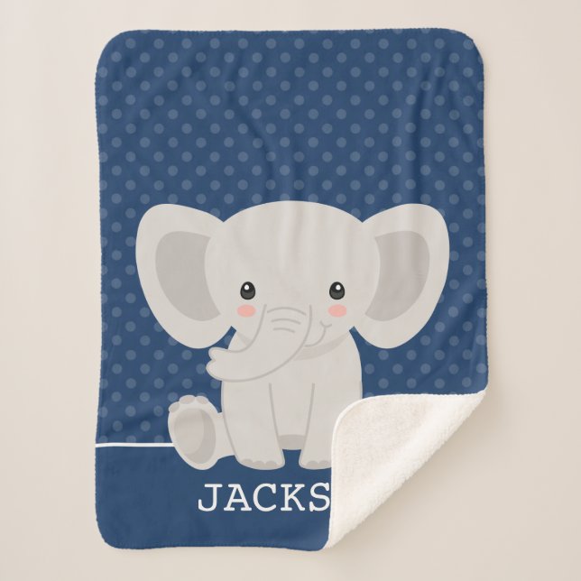 Couverture Sherpa Eléphant Navy Blue Polka Dot Personnalisé Garçon (Devant)