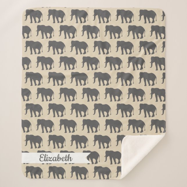 Couverture Sherpa Eléphants et nom de Bohème Beige & Gris en Script (Devant)