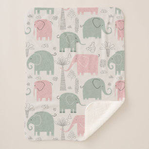 Couverture Sherpa Eléphants verts rose moderne