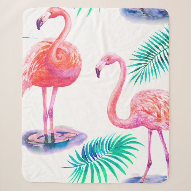 Couverture Sherpa Été tropical avec flamants roses feuilles de palmi (Devant)