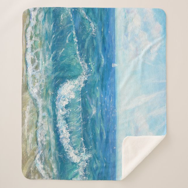 Couverture Sherpa Eté, vagues bleues, peinture acrylique. (Devant)