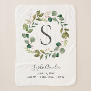 Couverture Sherpa Eucalyptus Lafy Wreath Baby Monogramme État de nai
