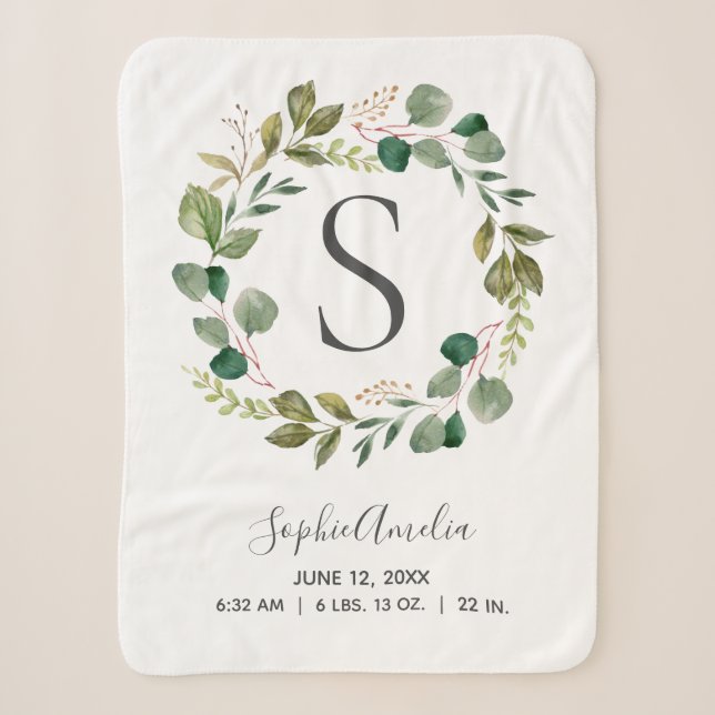 Couverture Sherpa Eucalyptus Lafy Wreath Baby Monogramme État de nai (Devant)