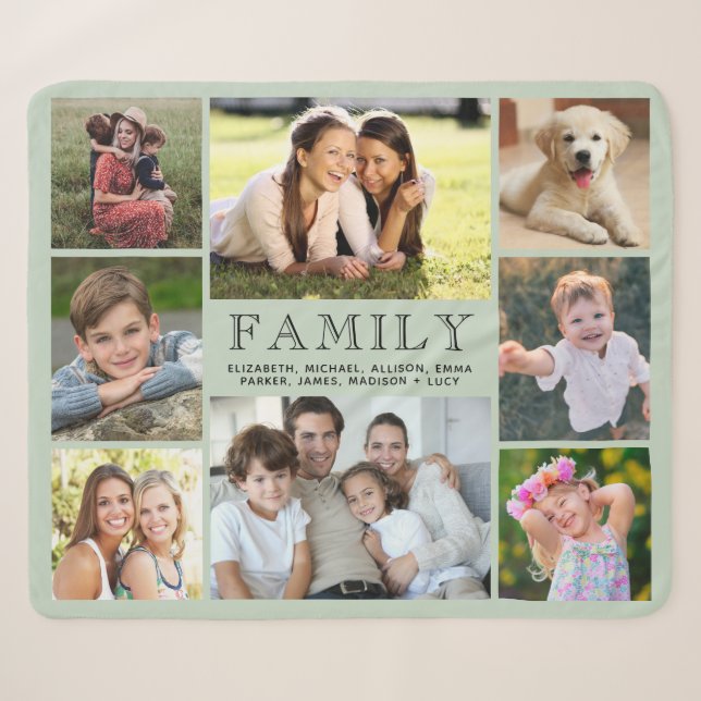Couverture Sherpa Famille 8 Photo Collage Sage Green (Devant (Horizontal))