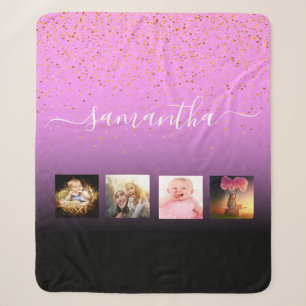 Couverture Sherpa Famille de collage photo noir violet rose monogram