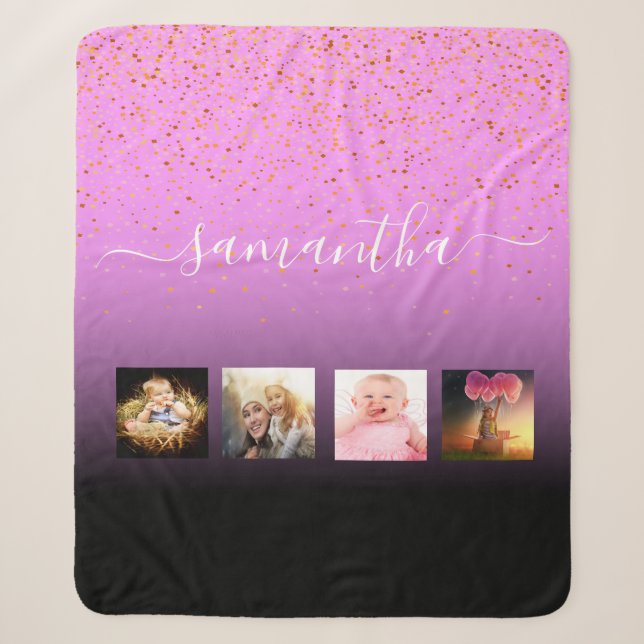 Couverture Sherpa Famille de collage photo noir violet rose monogram (Devant)