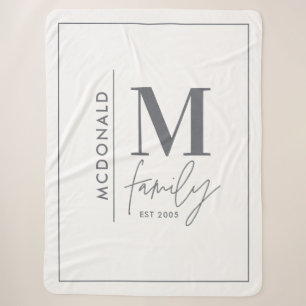Couverture Sherpa Famille monogramme moderne marine gris élégant