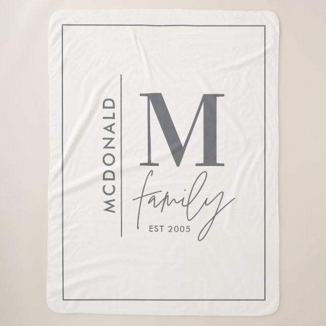 Couverture Sherpa Famille monogramme moderne marine gris élégant (Devant)