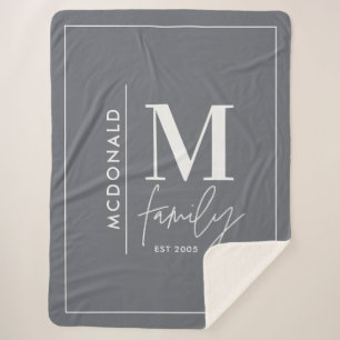 Couverture Sherpa Famille monogramme moderne marine gris élégant élé