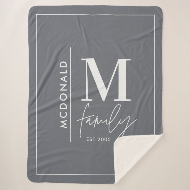 Couverture Sherpa Famille monogramme moderne marine gris élégant élé (Devant)
