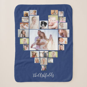 Couverture Sherpa Famille Photo Collage Coeur 25 Photos Nom Bleu