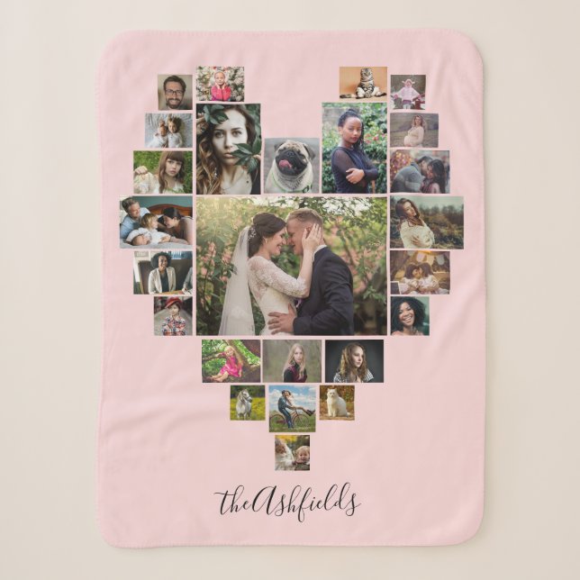 Couverture Sherpa Famille Photo Collage Coeur 25 Photos Nom Rose (Devant)