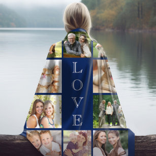 Couverture Sherpa Family Love Multi-photo Collage Personnalized Blue