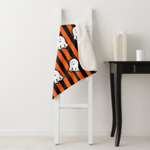 Couverture Sherpa Fantômes d'Halloween sur rayures noires et orange 