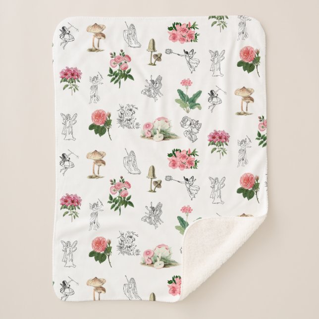 Couverture Sherpa Fées Rose Floral & Champignons Motif de fées (Devant)