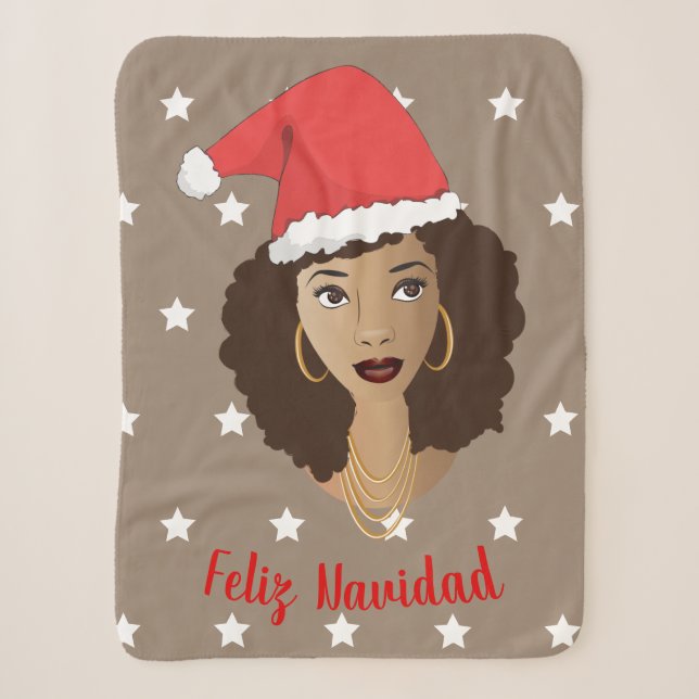 Couverture Sherpa Feliz Navidad, Femme noire, Étoiles blanches, Brow (Devant)