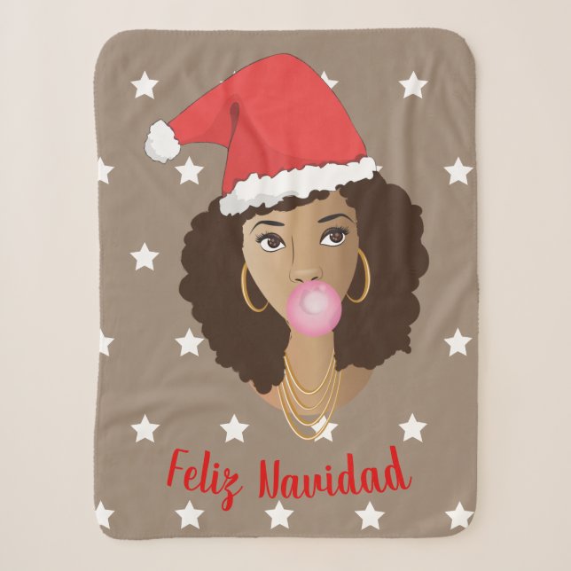 Couverture Sherpa Feliz Navidad, Femme noire, Santa Hat, Bubblegum (Devant)