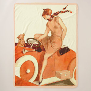 Couverture Sherpa Femme, voiture et chien des années 1920