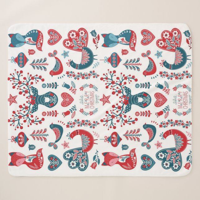 Couverture Sherpa Festif Marine Rouge Noël Art populaire scandinave (Devant (Horizontal))