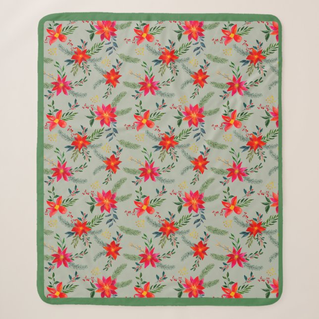 Couverture Sherpa Festive Rouge Poinsettia Noël Floral (Devant)