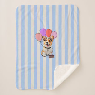 Couverture Sherpa Fête d'anniversaire Corgi rayé bleu et beige