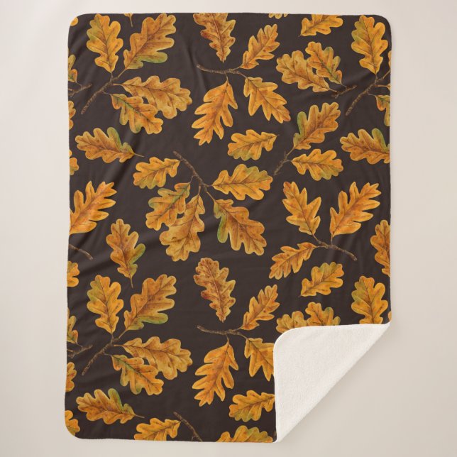 Couverture Sherpa Feuilles de chêne automnal sur brun foncé (Devant)