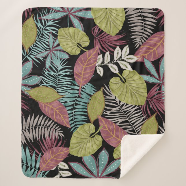 Couverture Sherpa Feuilles sombres tropicaux : Motif textile (Devant)