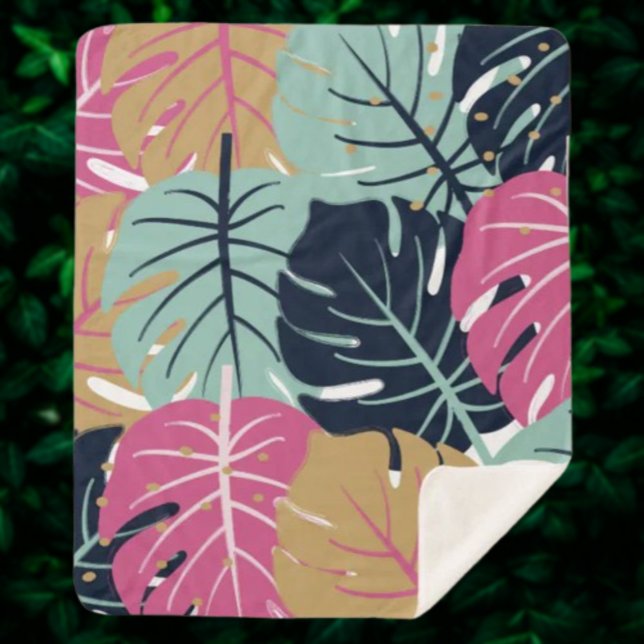 Couverture Sherpa Feuilles Tropical Palm en rose et bleu | Cosy (Créateur téléchargé)