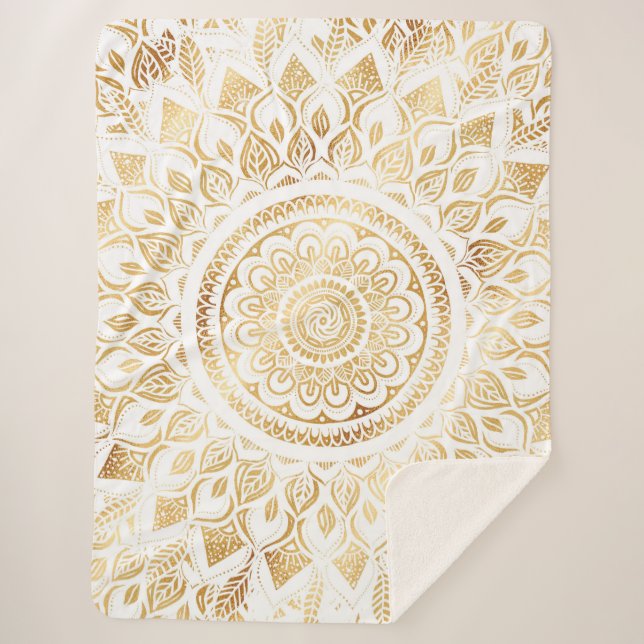 Couverture Sherpa Fille Blanc Mandala Or Floral (Devant)