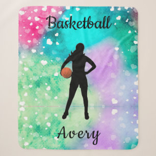 Couverture Sherpa Filles Basketball Aquarelle avec Coeurs flottants