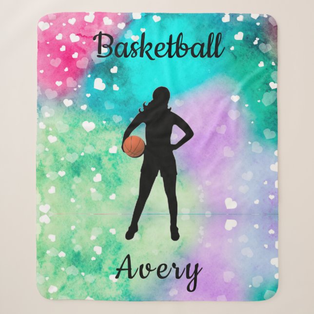 Couverture Sherpa Filles Basketball Aquarelle avec Coeurs flottants (Devant)