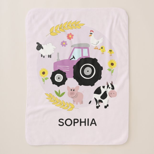 Couverture Sherpa Filles Cute Rose Farm Animaux Tracteur & Nom Enfan (Devant)
