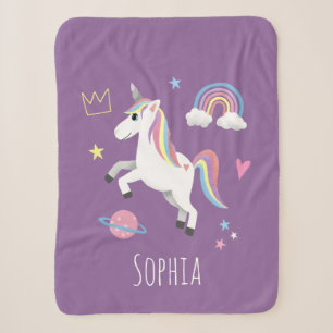 Couverture Sherpa Filles mauves Ciel-Arc-en-ciel Unicorne et nom Enf