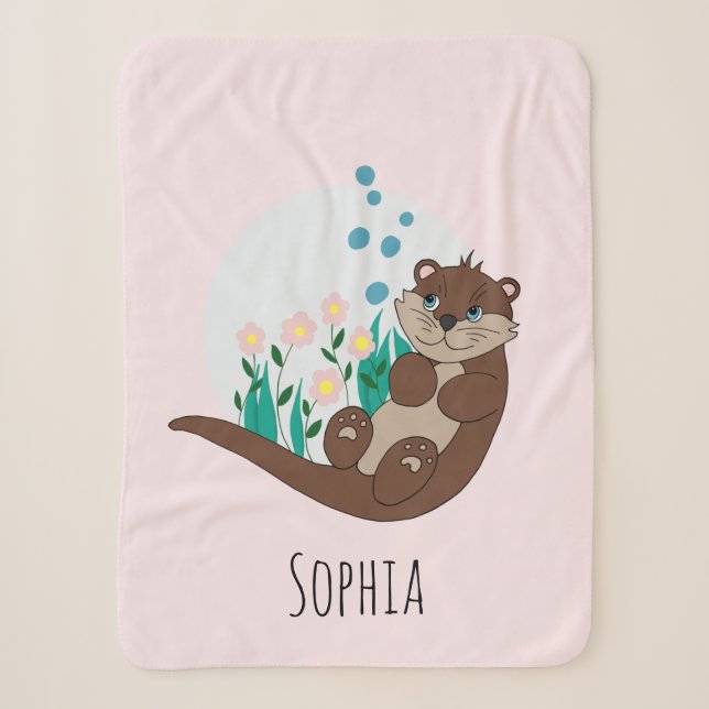 Couverture Sherpa Filles mignonnes Otter rose Fleurs de dessin Enfan (Devant)
