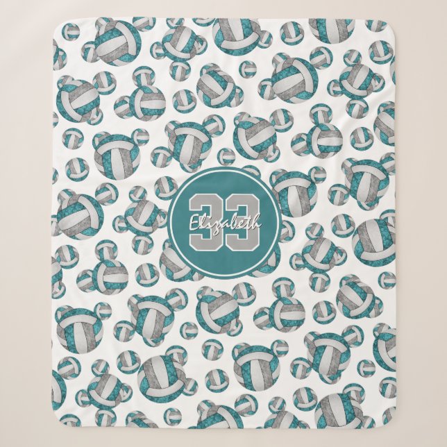 Couverture Sherpa filles personnalisées turquoise gris blanc volleyb (Devant)