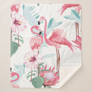 Couverture Sherpa flamant rose et fleurs exotiques, feuilles de palm