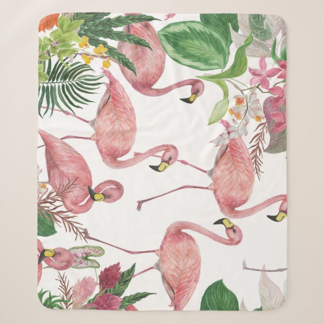 Couverture Sherpa Flamant rose Feuilles tropicaux Motif aquarelle (Devant)