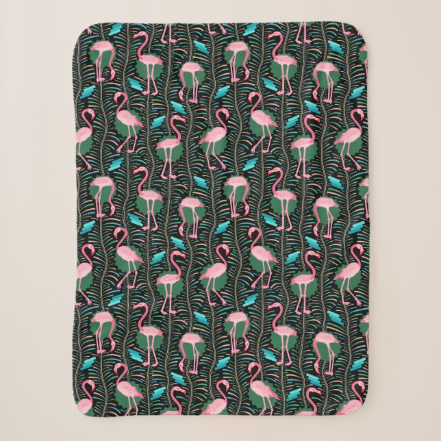 Couverture Sherpa Flamant rose Oiseaux 20s Déco Ferns Motif Rose noi (Devant)
