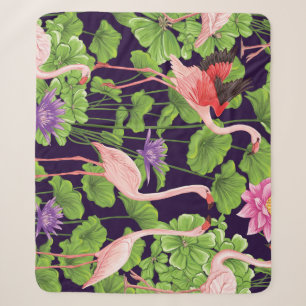 Couverture Sherpa Flamant rose, plantes tropicaux, arrière - plan no