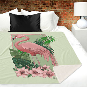 Couverture Sherpa Flamant Rose Tropical Feuilles de Palmier Vert Lys
