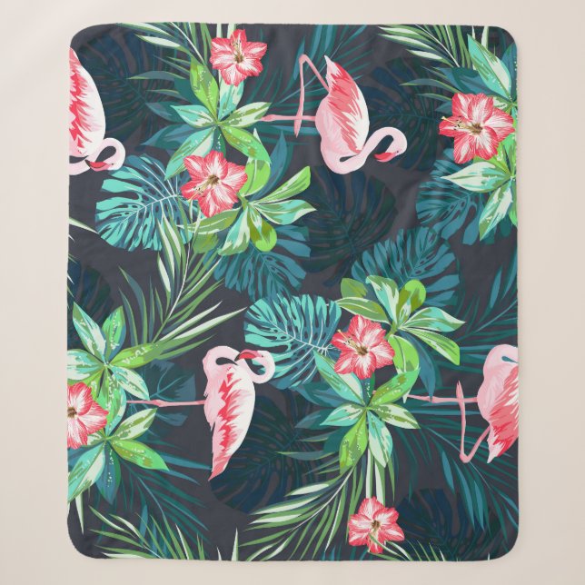 Couverture Sherpa Flamant rose tropical : Fleurs d'été Motif (Devant)