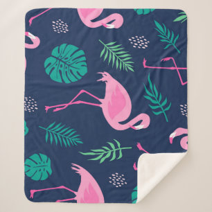 Couverture Sherpa flamants roses, palmiers tropicaux, couteaux dessi
