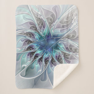 Couverture Sherpa Fleur Abstraite Fractale Moderne Avec Bleu